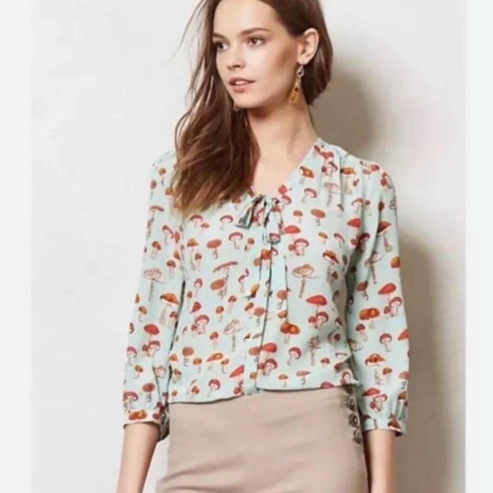 Anthropologie Moulinette Soeurs Silk Mushroom Toadstool Print Top